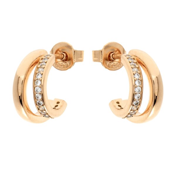 Double Hoop Stud Earring - Sterling Silver with Gold Plating & CZ