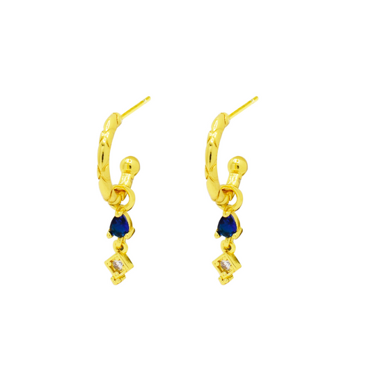 Textured Hoop Stud Back with Clear & Blue CZ Hanging - Sterling Silver with Gold Plating