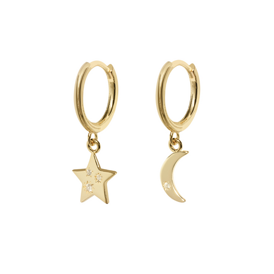 Huggie with Moon & Star Clear CZ - Sterling Silver with Gold Plating