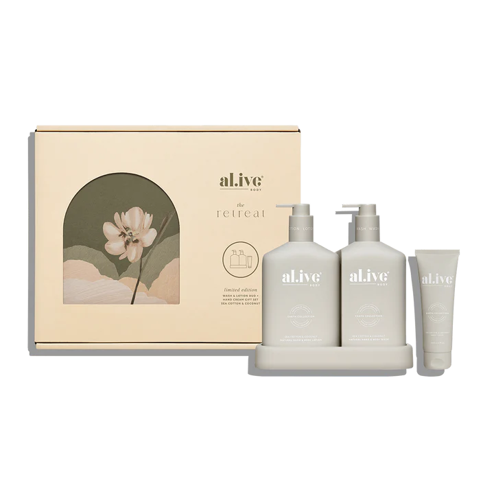Al.ive Body - The Retreat wash & lotion duo + hand cream gift set - sea cotton & coconut